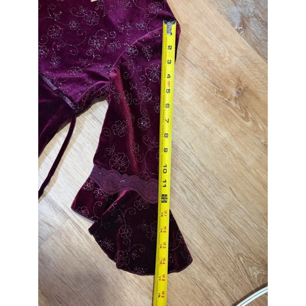 Vintage 90s Iz Byer Sequin Glitter Floral Burgundy Flutter Sleeve Velour Dress